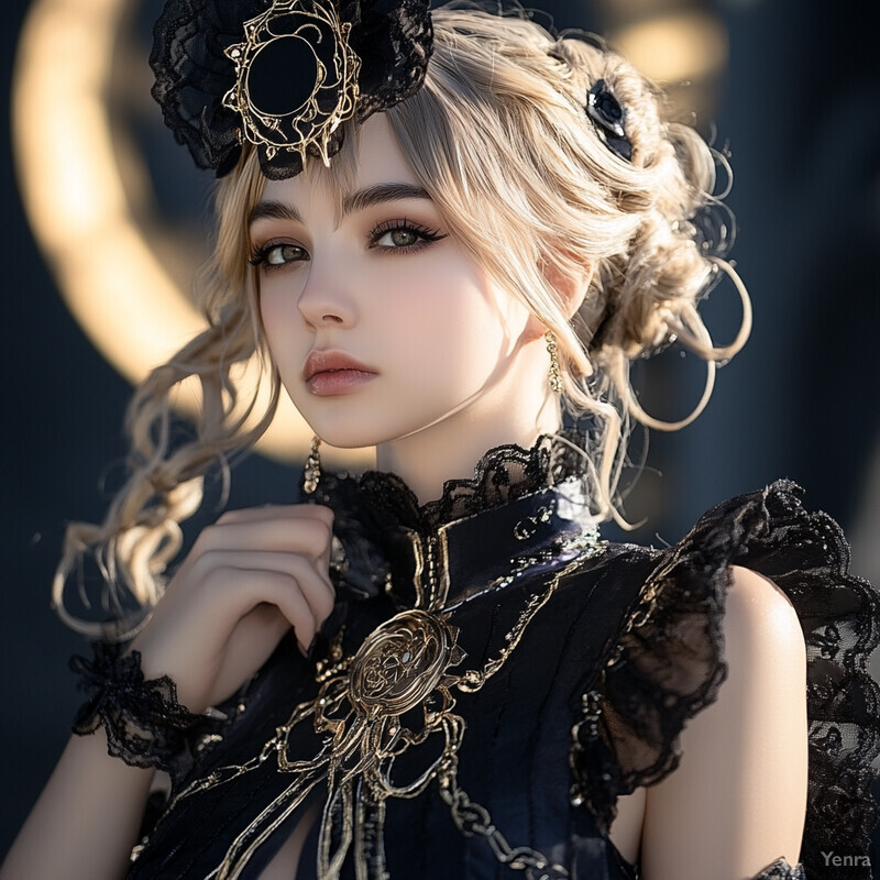 A woman with long blonde hair and a black lace headpiece stands elegantly in front of a blurred background.