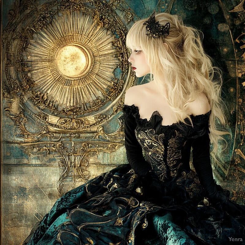 A woman in a black and gold ball gown sits elegantly in front of an ornate wall.