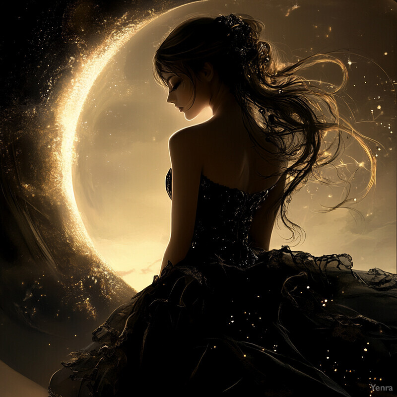 A woman stands in front of an eclipse, gazing upwards towards the sky with a serene expression on her face.