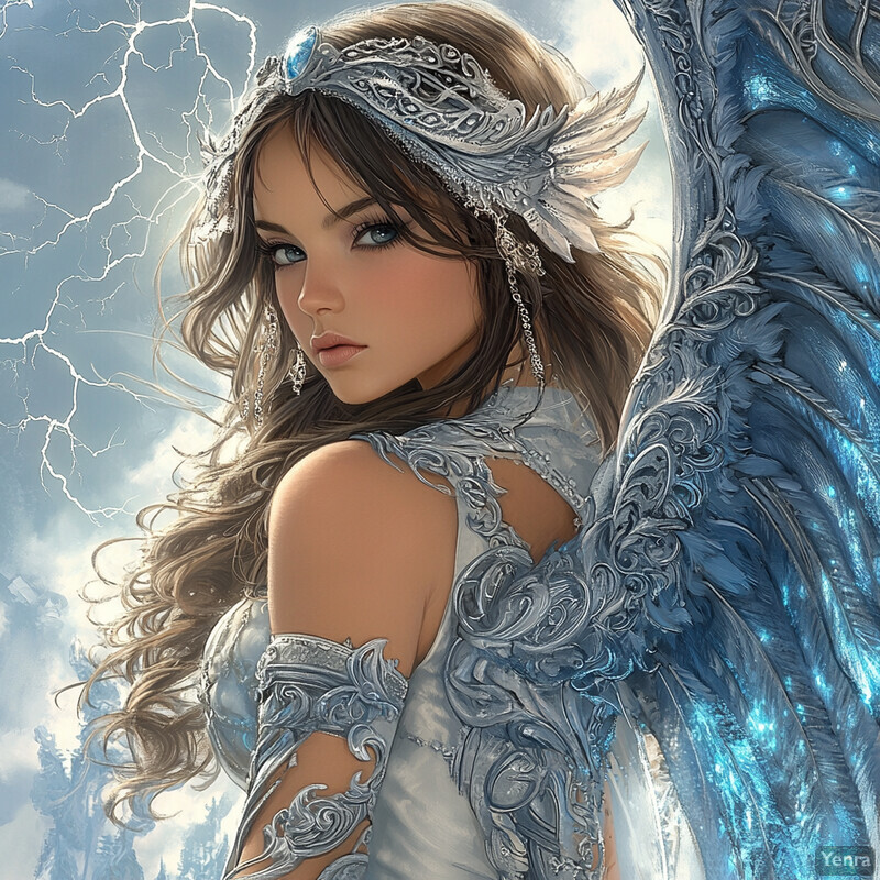 An enchanting Valkyrie with silver filigree armor and iridescent wings