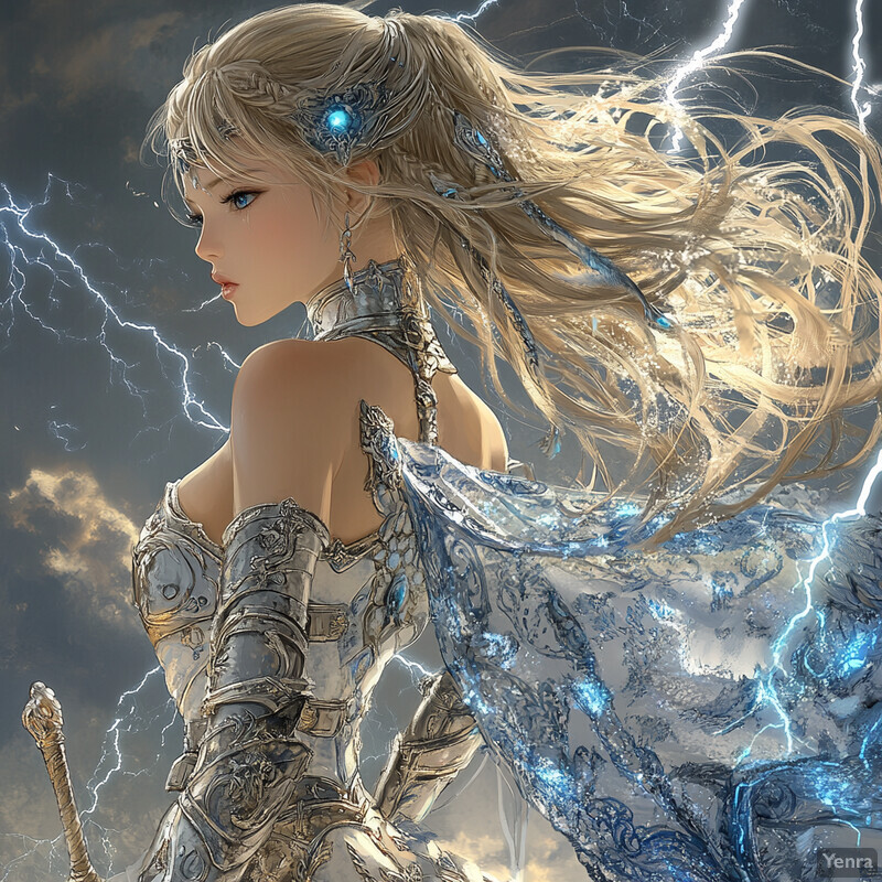 Enchanting female warrior in silver and gold armor standing amidst a dramatic sky with lightning bolts