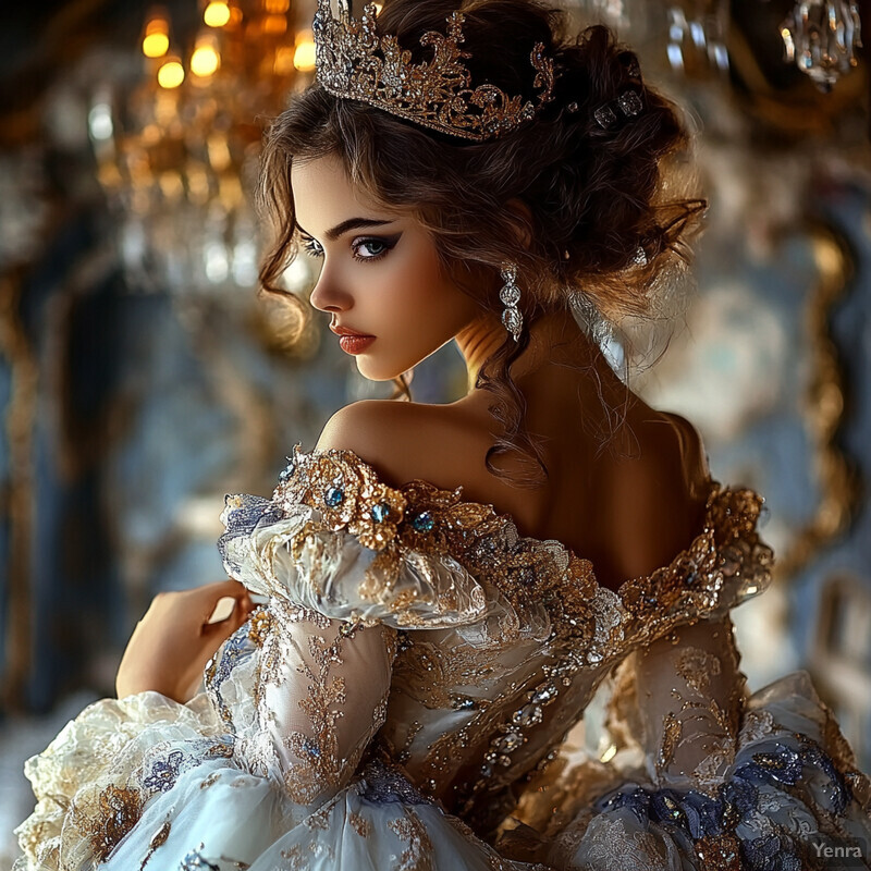 A woman in a stunning white and gold gown, complete with tiara and dangling earrings, exudes poise and confidence.