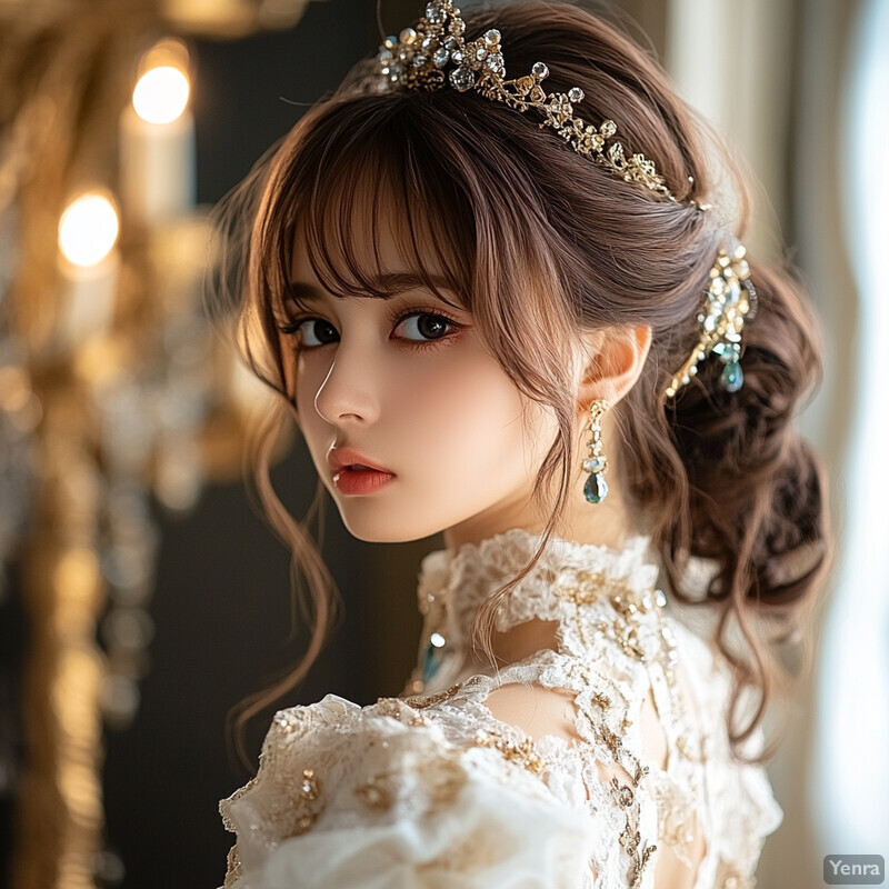 A young woman in a stunning white dress with gold embroidery, posing elegantly in a blurred room with a chandelier.