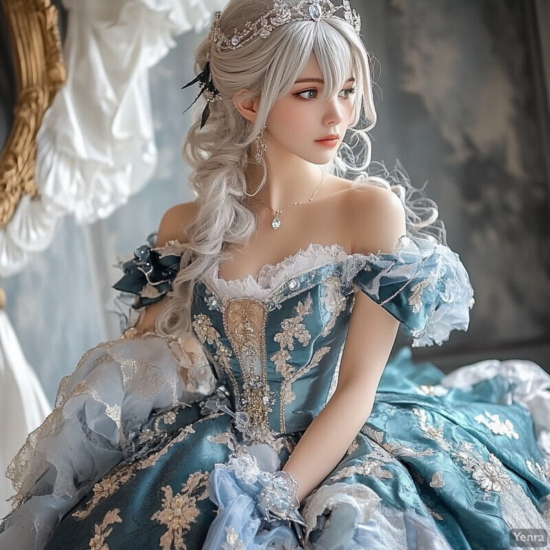 Elegant young woman in blue dress with lace and gold embroidery