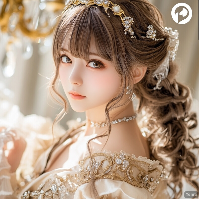 A young woman with long brown hair and a stunning white dress, adorned with gold embellishments, posing confidently in front of a blurred background.