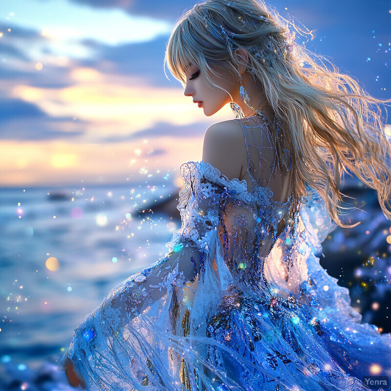 A serene and dreamy scene of a woman with long blonde hair wearing an ethereal blue dress on a rocky beach at sunset or sunrise