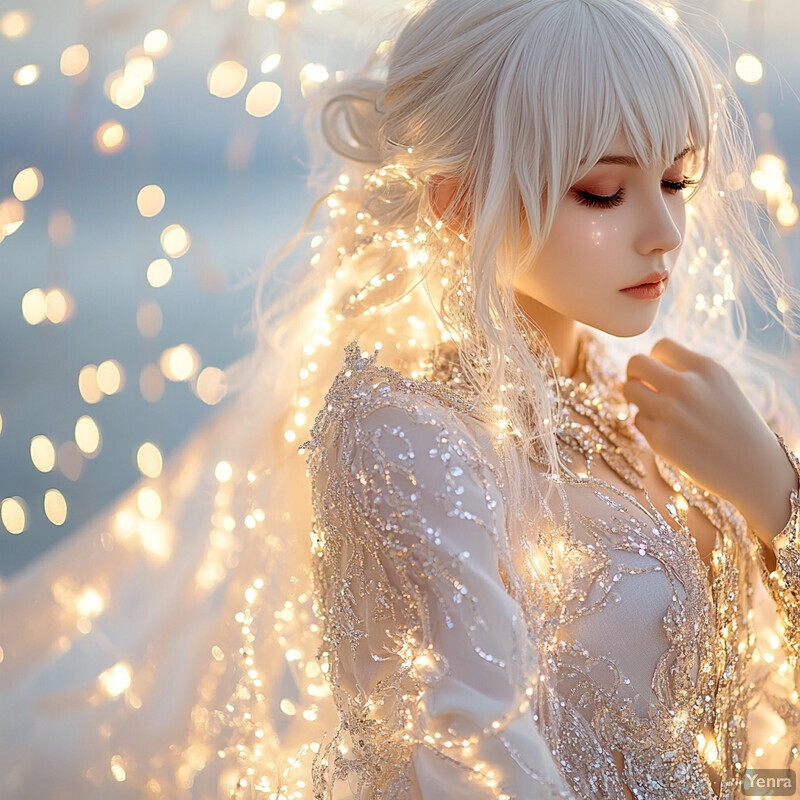 A woman with long white hair and closed eyes wears an elaborate gold gown, exuding elegance and sophistication.