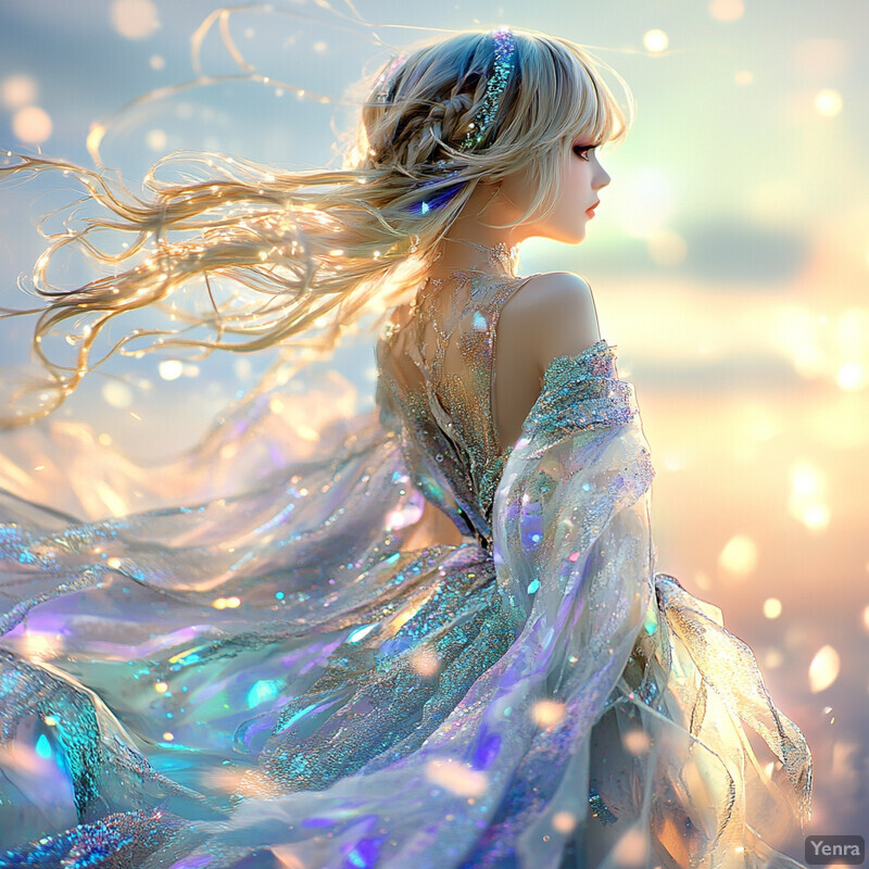 A serene and contemplative image of a woman with long blonde hair and a flowing dress.