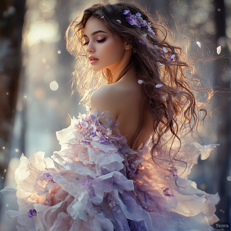 Ethereal Petal: A Serene Scene of a Woman Surrounded by Delicate Purple Petals