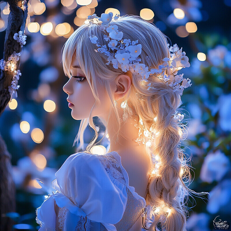 A serene and peaceful portrait of a woman with long blonde hair adorned with white flowers, set amidst lush greenery in a forest or garden.