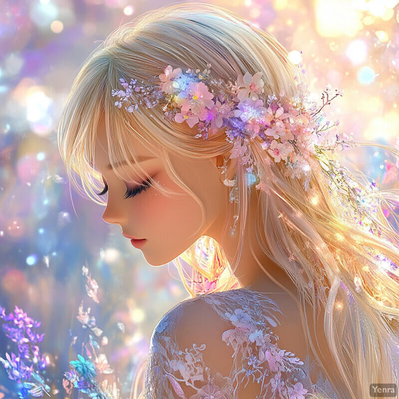 Serene Dreamy Scene with Blonde Woman and Pastel-Colored Sky