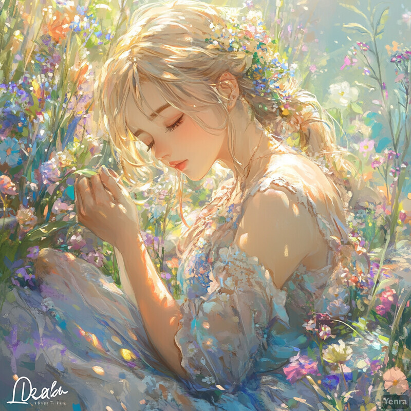 A serene and idyllic scene of a woman surrounded by vibrant flowers in a lush field.