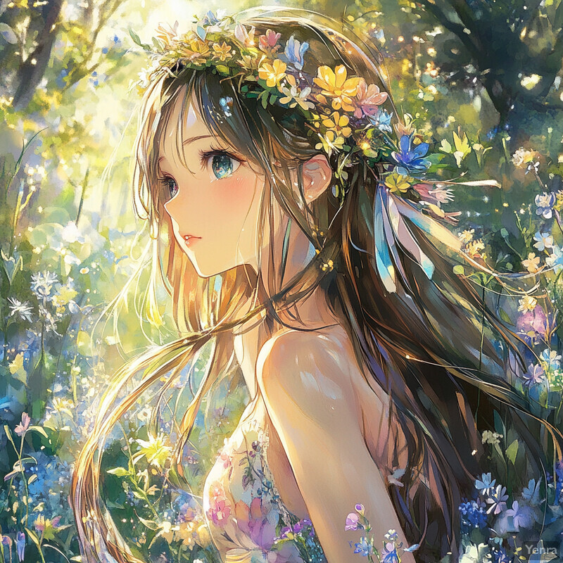 A young woman with flowers in her hair and dress stands amidst lush greenery and vibrant blooms.