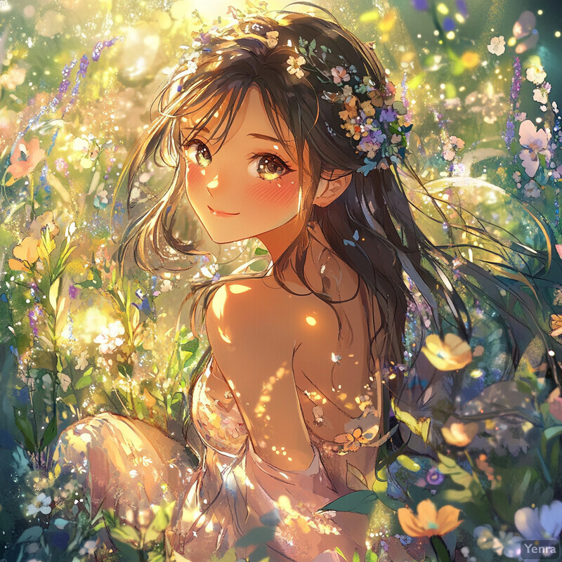 A young woman surrounded by flowers, exuding tranquility and connection with nature.