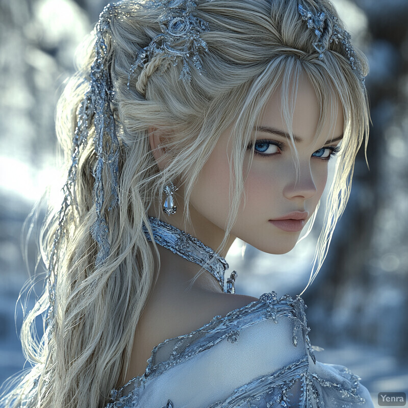 A woman with long blonde hair and an elegant white dress adorned with silver embroidery and beading, accessorized with dangling leaf-shaped earrings and a delicate silver headband.