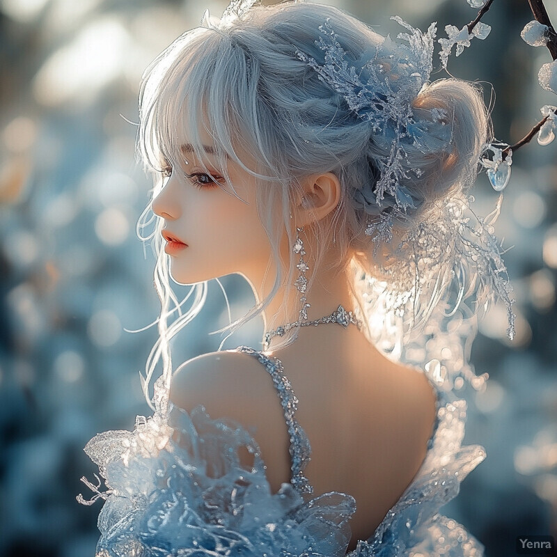 Elegant woman with white hair and dress in serene setting