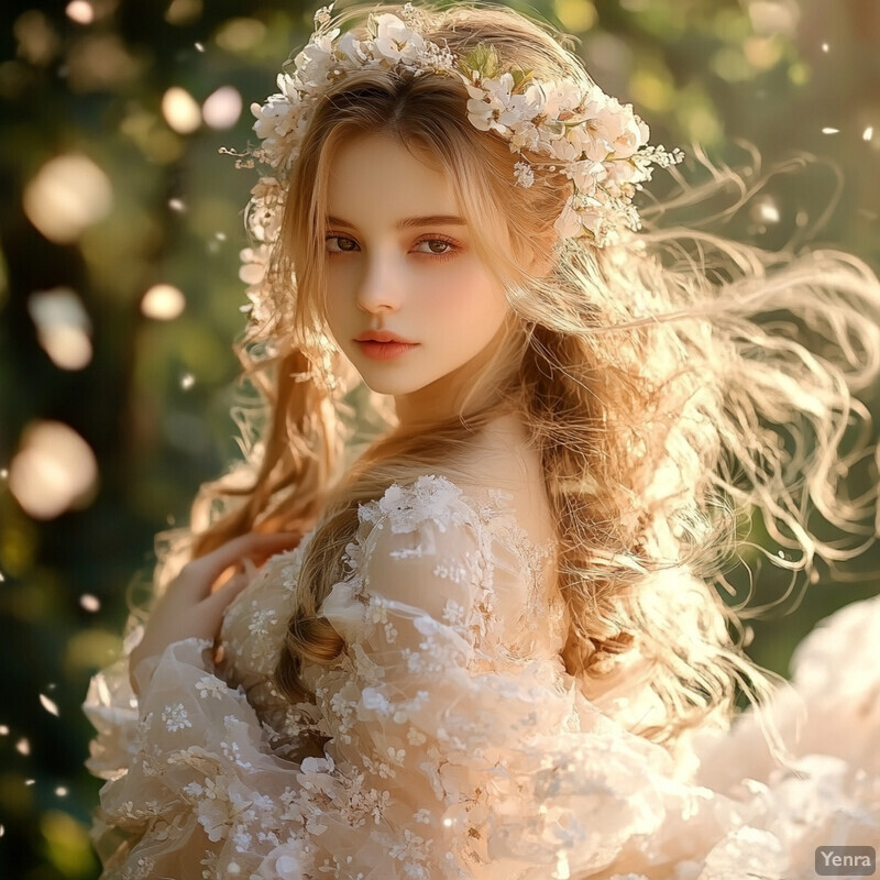 A young woman with long blonde hair wearing a white dress and flower crown