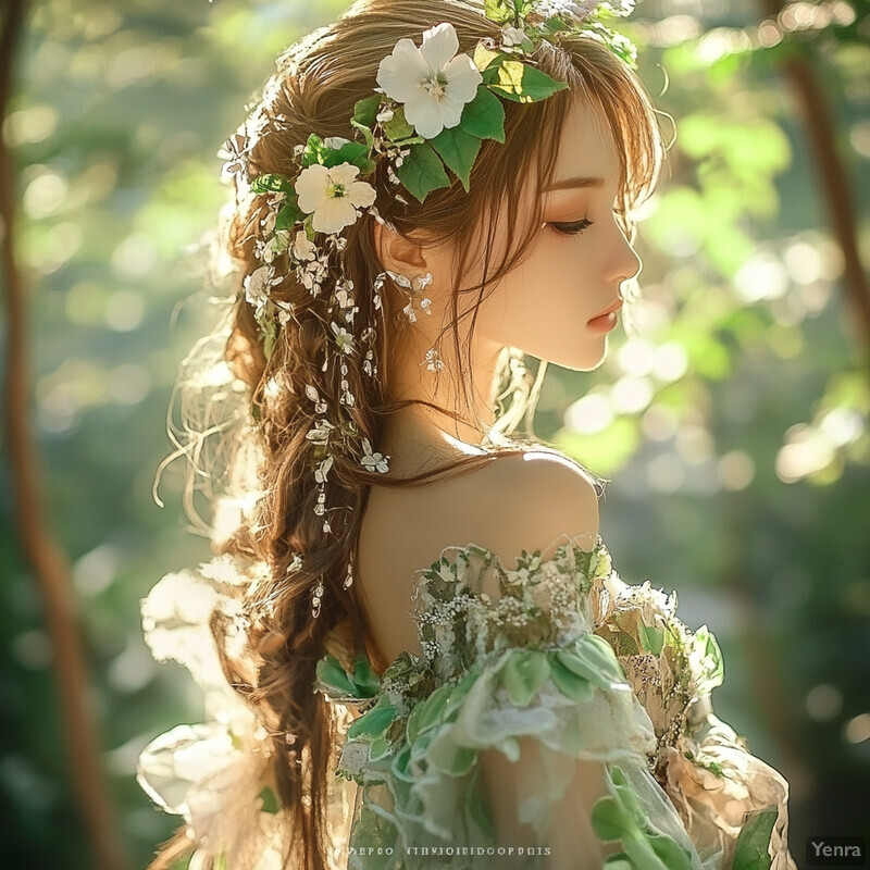 A serene and dreamy scene of a woman surrounded by lush greenery.