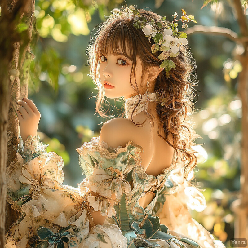 A young woman in an ornate floral dress stands in front of a blurred background, possibly outdoors, surrounded by trees or foliage.