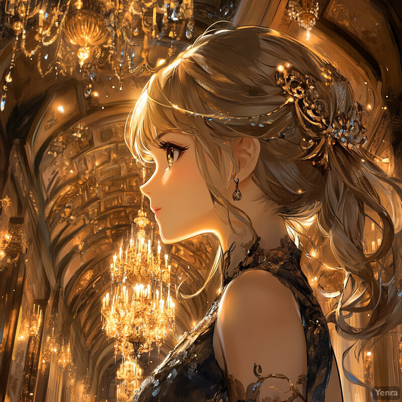 Anime-style illustration of a woman in a luxurious ballroom