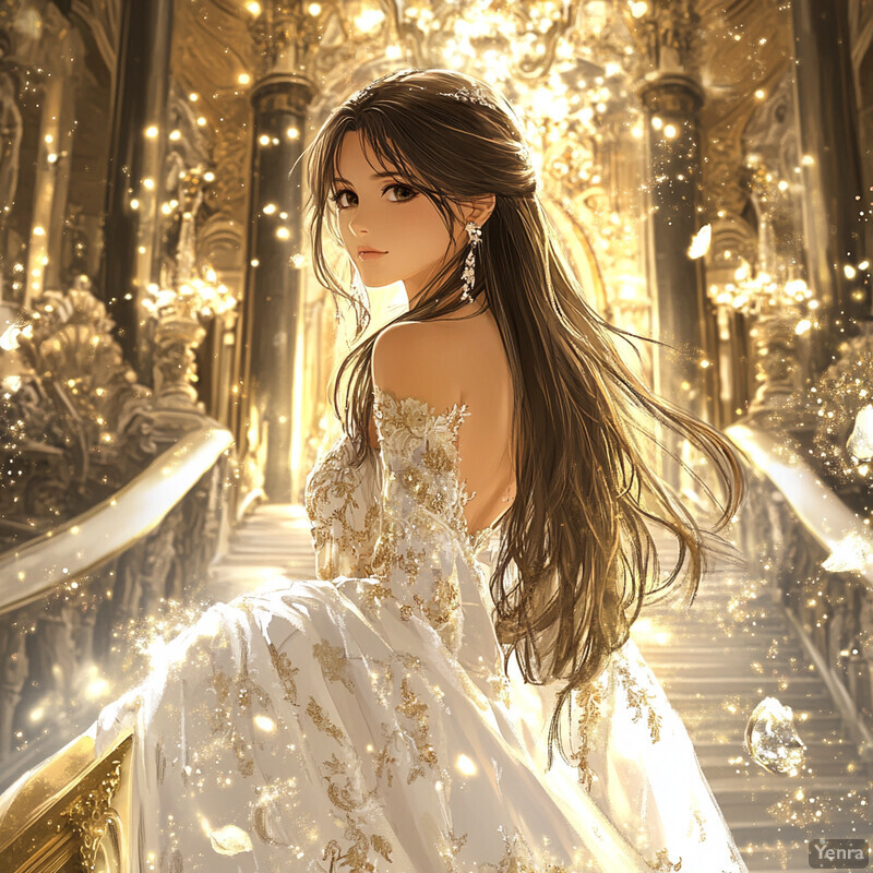 A young woman with long brown hair and dark eyes wears an elegant white dress adorned with gold embroidery, standing in front of a lush green background.