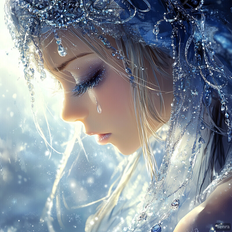 A woman in an ice-blue dress and crown surrounded by a frosty atmosphere