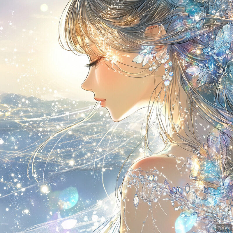 A serene and enchanting scene of a woman with long hair adorned with flowers, set against a backdrop of sparkling lights