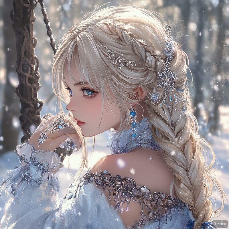 A young girl with blonde hair and blue eyes wears a white dress and cape, adorned with silver snowflake-shaped hairpins and necklace, posing in front of a blurred forest background.