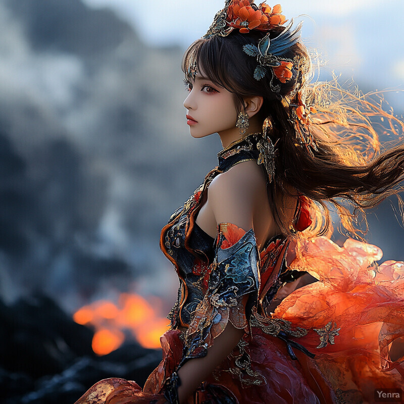 A woman dressed in an elaborate Asian-inspired costume stands in front of a blurred natural setting, gazing downward with contemplative eyes.