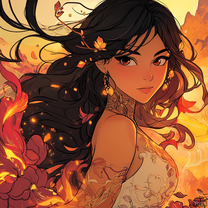 Inferno Blossom, a woman with striking red eyes and flowing black hair, wears a sleeveless white dress adorned with orange designs. The warm golden sky in the background suggests an atmosphere of anticipation and expectation.