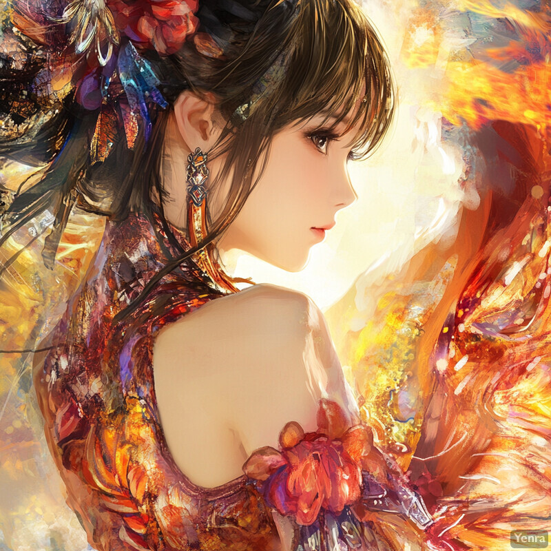 A woman with dark hair and a colorful outfit gazing to her right against an abstract background.