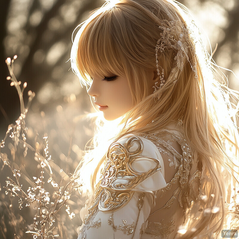 A woman in an ornate white dress stands amidst a forest setting