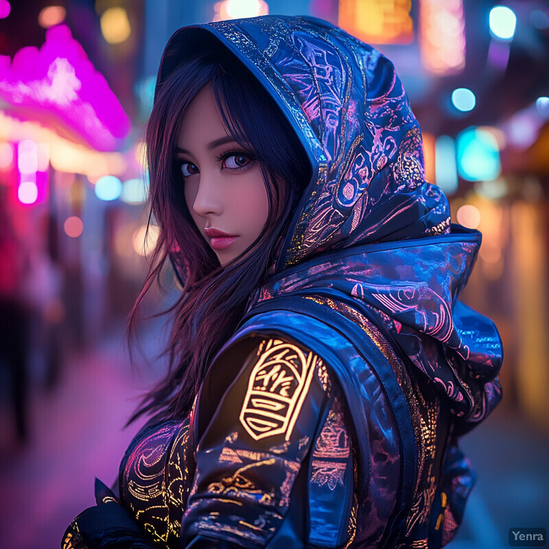 A young woman with long dark hair and brown eyes stands in front of a blurred city street background at night, wearing a hooded jacket that covers most of her face except for her eyes and nose.