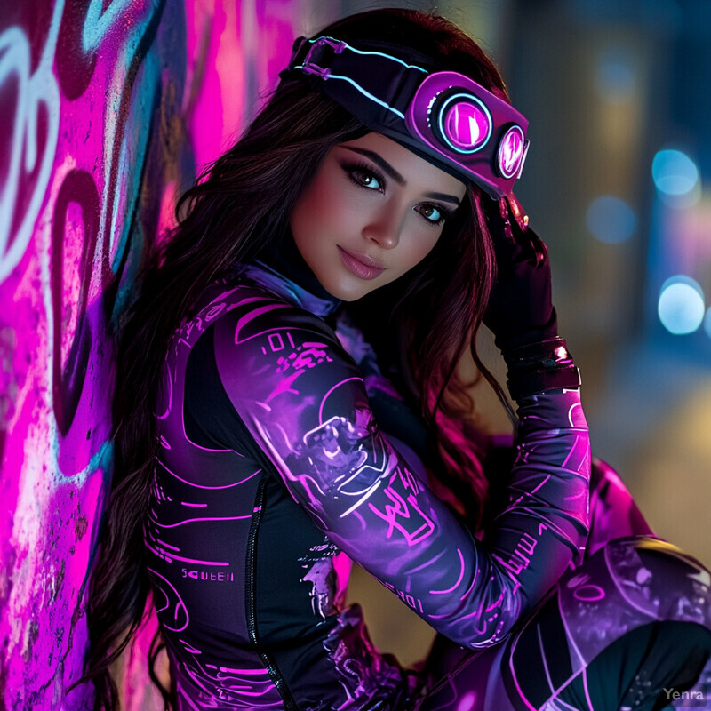 A woman in a futuristic outfit poses in front of a blurred urban background.