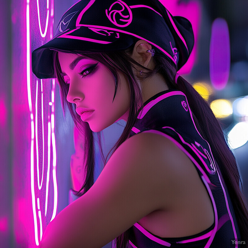 A confident woman poses in front of a neon-lit background, wearing a black and pink baseball cap and tank top.