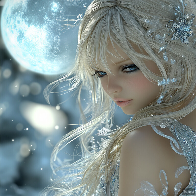 A woman with long blonde hair and blue eyes stands in front of a large moon or planet, wearing a white dress with silver embroidery.