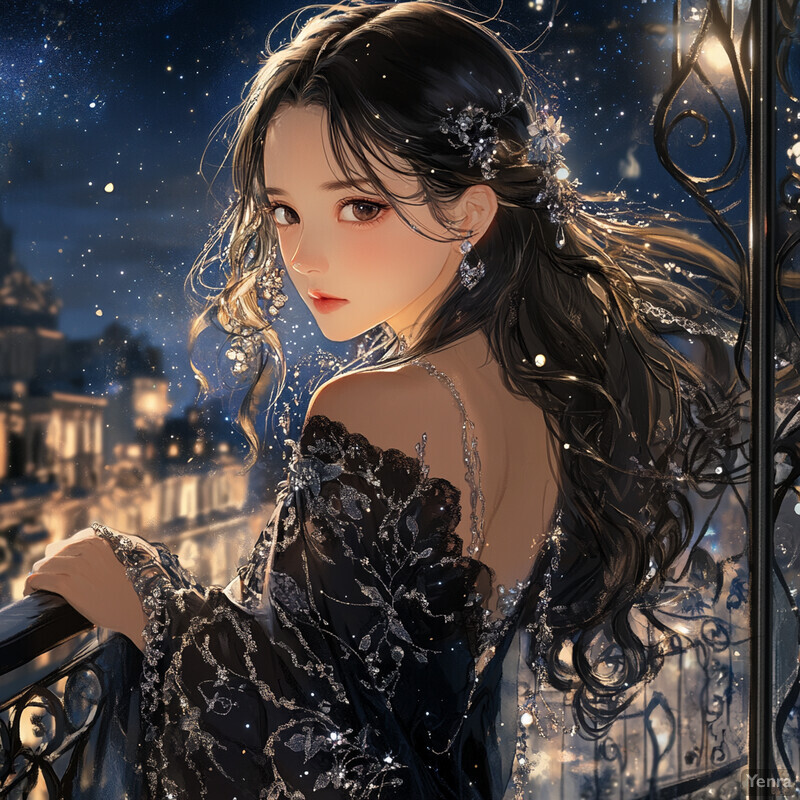 A woman with long black hair and a dark blue dress stands on a balcony or rooftop overlooking a cityscape at night, exuding an air of mystery and enchantment.