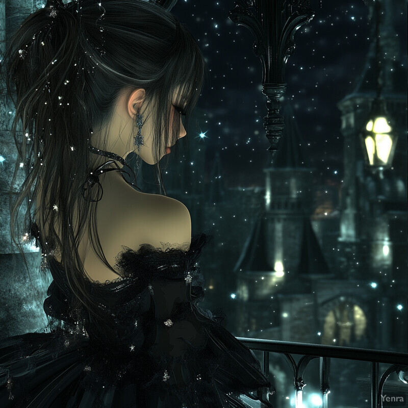 A woman with dark hair and a black dress gazes away from the viewer in front of a cityscape at night.