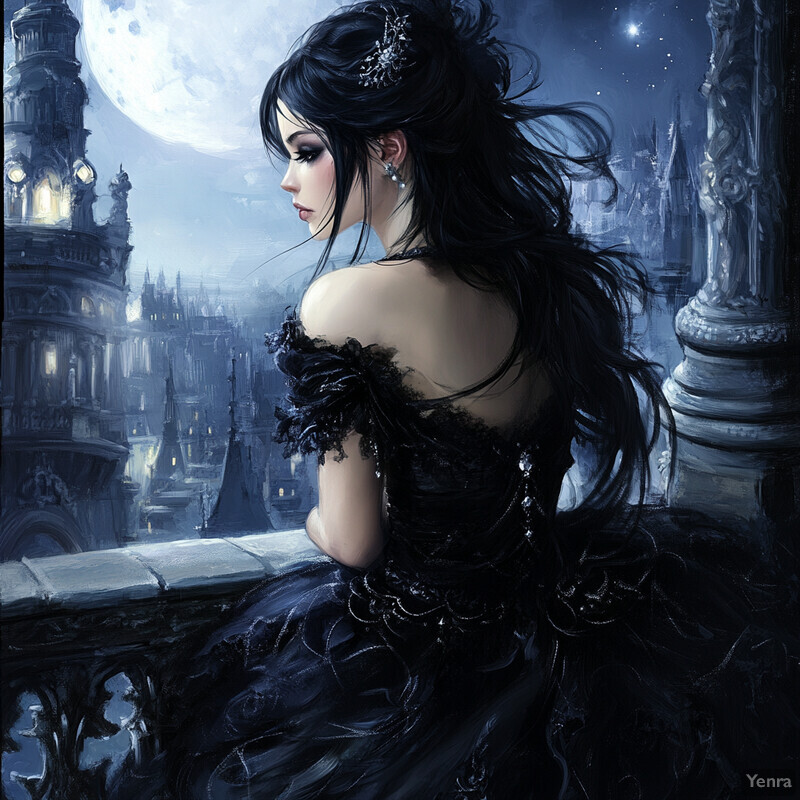 A woman with long black hair and a dark dress sits on a balcony overlooking a cityscape at night.