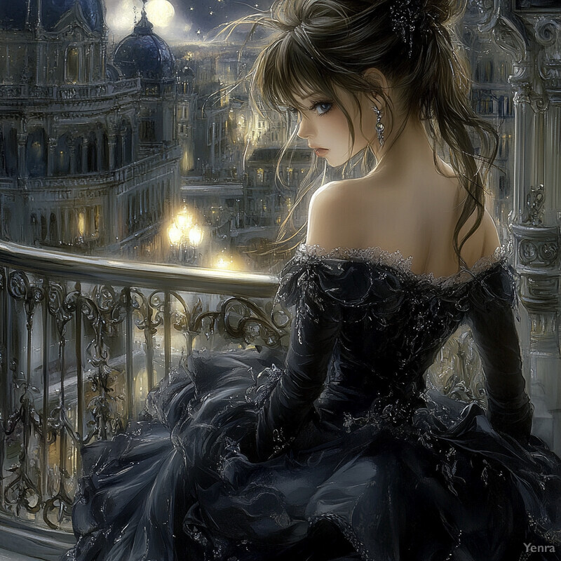 Anime-style illustration of a woman in a dark-colored dress on a balcony overlooking a cityscape at night