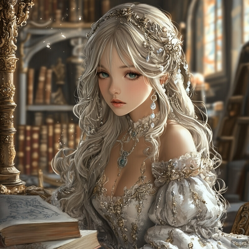 A woman with white hair sits at a desk in front of a mirror, holding a glowing crystal ball and surrounded by ornate objects in a dark wood room.