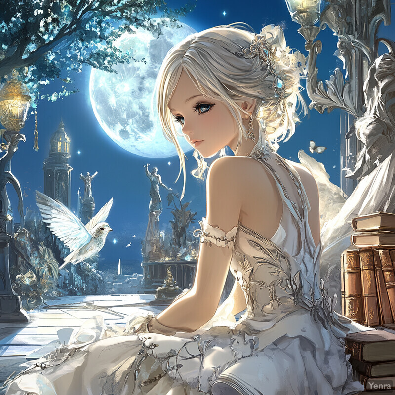 A serene and enchanting scene of a woman sitting on a bench under a full moon