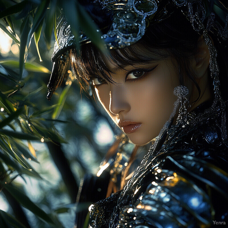 A woman with dark hair and bangs wears an ornate silver headdress and black clothing with gold accents, evoking ancient Japanese or Asian cultural influences.