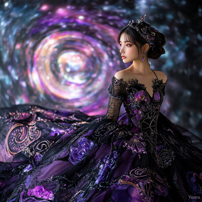 A woman in a stunning purple and black ball gown, posing confidently in front of a blurred background.