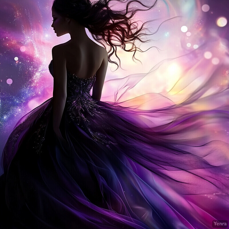 A woman in a stunning purple dress stands against a vibrant background of swirling colors and stars.