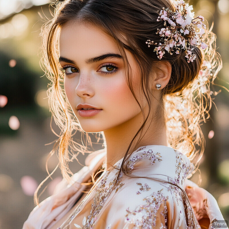 A young woman with fair skin and brown hair is dressed in an elegant white dress adorned with gold embroidery, wearing baby's breath flowers in her hair and gazing slightly off-camera. The background suggests a lush garden or forest on a sunny day.