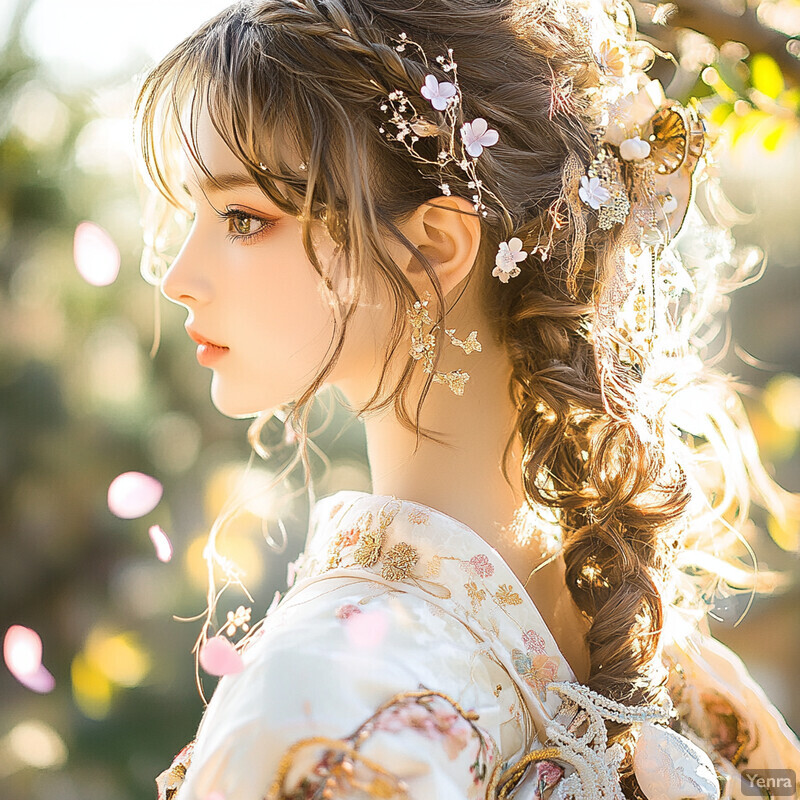 A young woman with long brown hair styled in a braid, wearing a white dress with gold embroidery, set against an outdoor backdrop of blurry greenery.