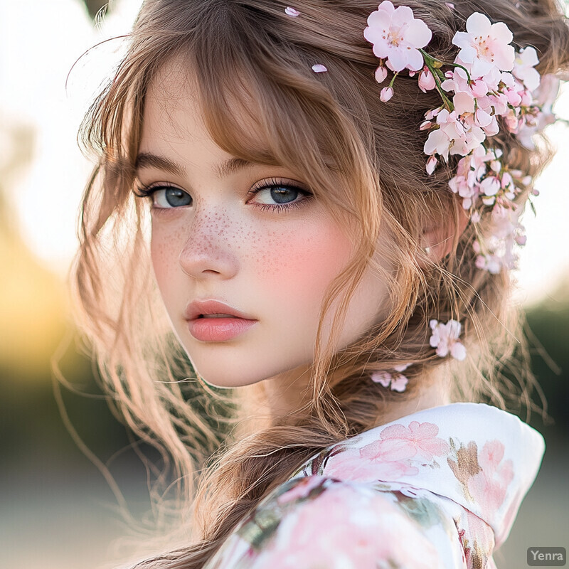 A young girl with long brown hair and blue eyes, wearing a floral dress and adorned with pink flowers in her hair.