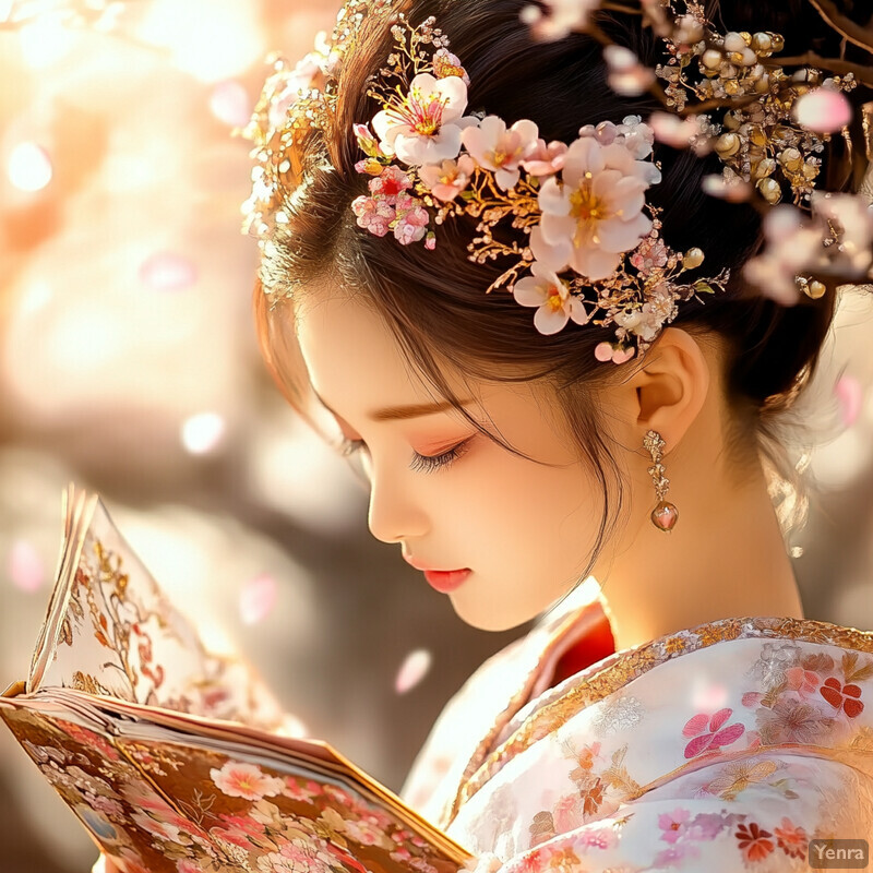 A woman in traditional Japanese attire gazes downward at something out of frame, surrounded by flowers in her hair and a blurred background with a bokeh effect.