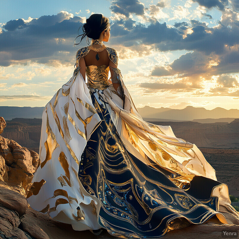 A woman stands on a cliff overlooking a desert landscape, dressed in an ornate gold and white gown.